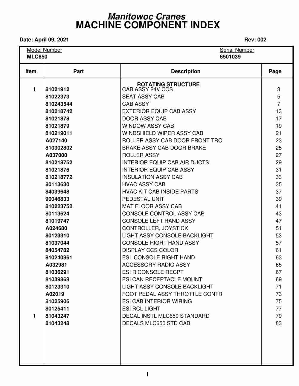 Manitowoc MLC650 Crane Parts Manual 6501039 2021