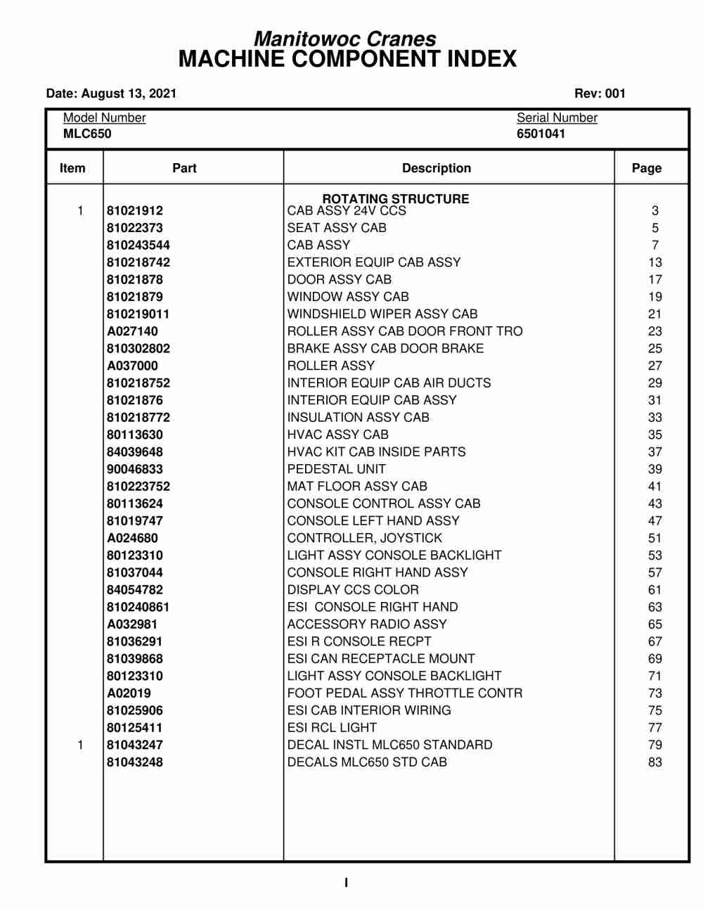 Manitowoc MLC650 Crane Parts Manual 6501041 2021