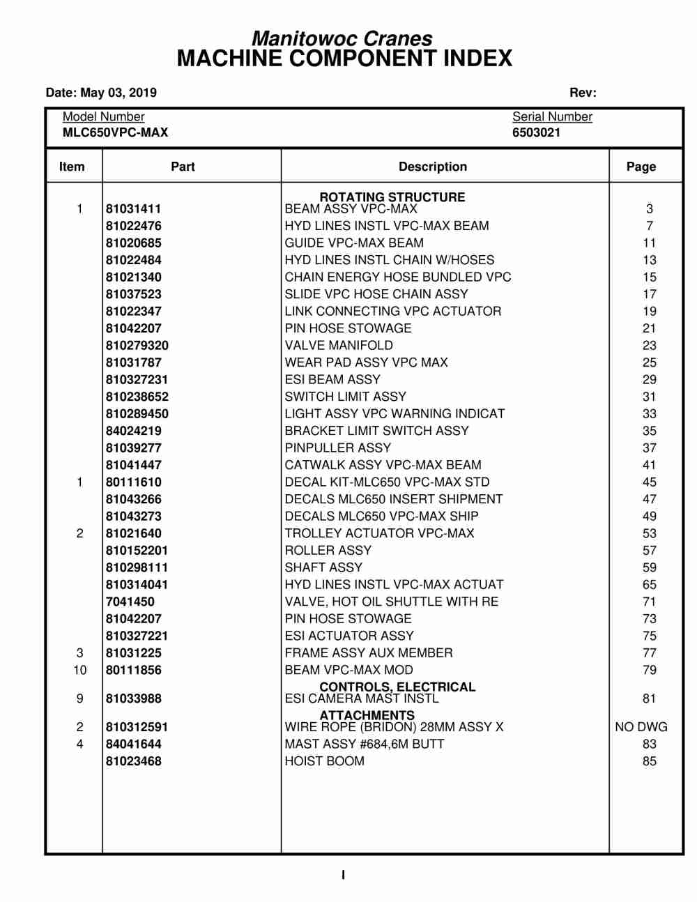 Manitowoc MLC650VPC-MAX Crane Parts Manual 6503021 2019