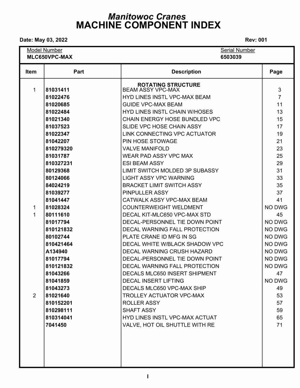 Manitowoc MLC650VPC-MAX Crane Parts Manual 6503039 2022