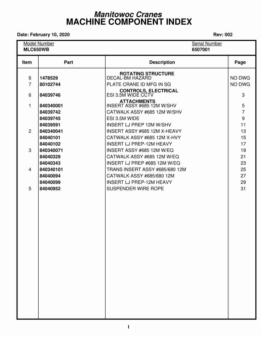 Manitowoc MLC650WB Crane Parts Manual 6507001 2020