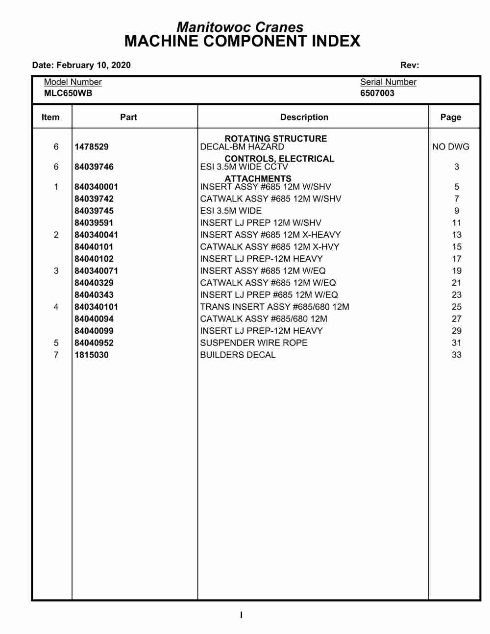 Manitowoc MLC650WB Crane Parts Manual 6507003 2020