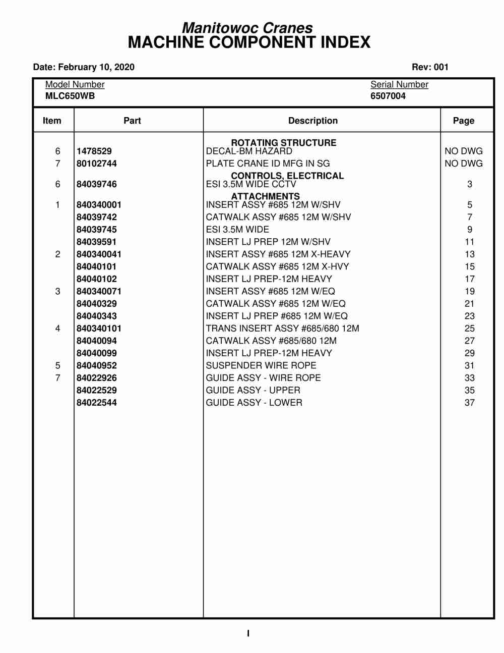 Manitowoc MLC650WB Crane Parts Manual 6507004 2020