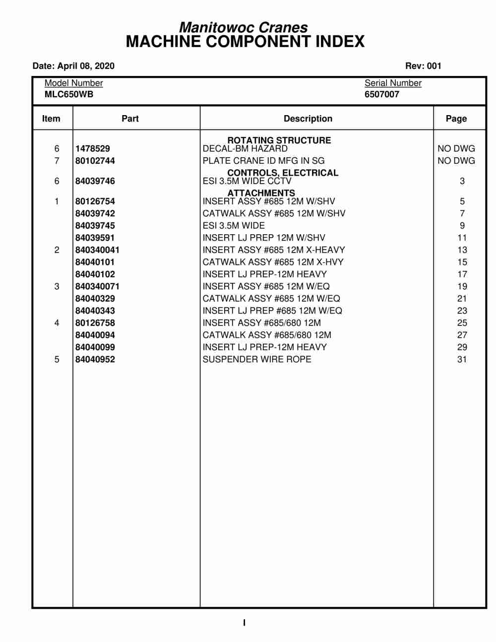 Manitowoc MLC650WB Crane Parts Manual 6507007 2020