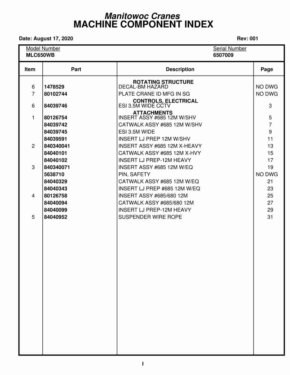 Manitowoc MLC650WB Crane Parts Manual 6507009 2020