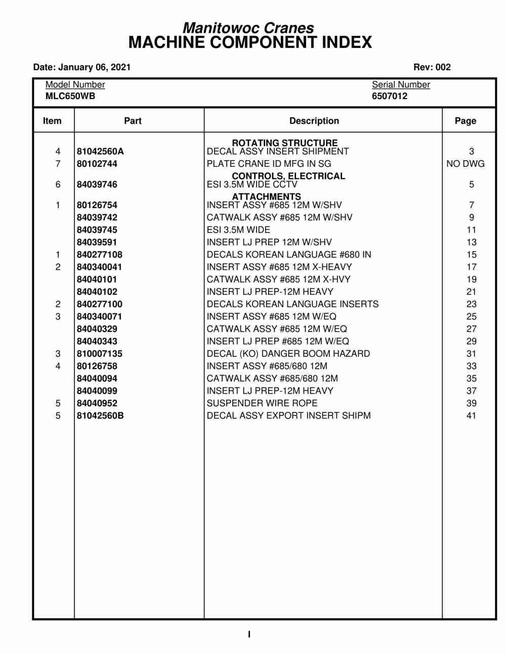 Manitowoc MLC650WB Crane Parts Manual 6507012 2021