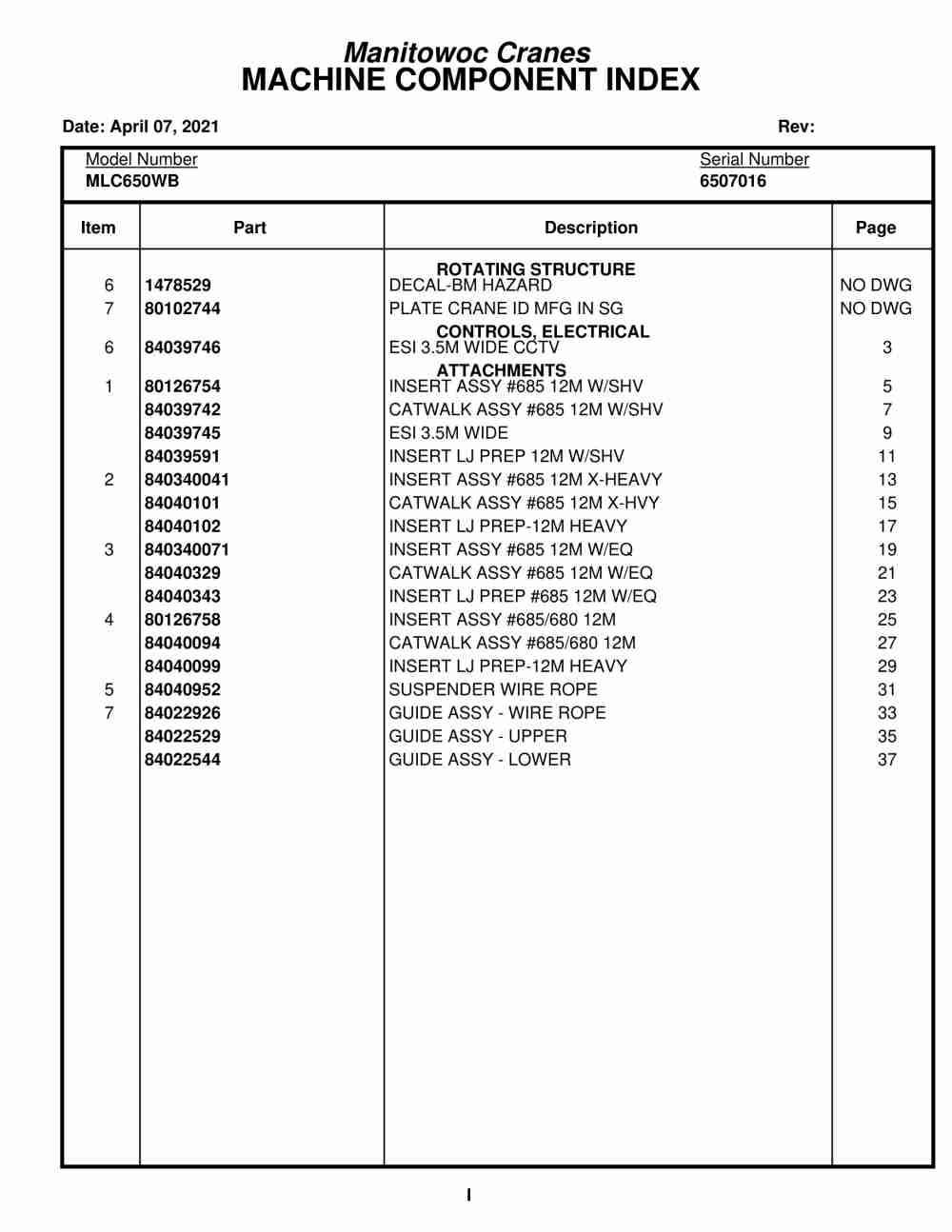 Manitowoc MLC650WB Crane Parts Manual 6507016 2021