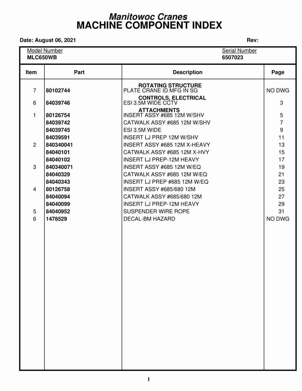 Manitowoc MLC650WB Crane Parts Manual 6507023 2021