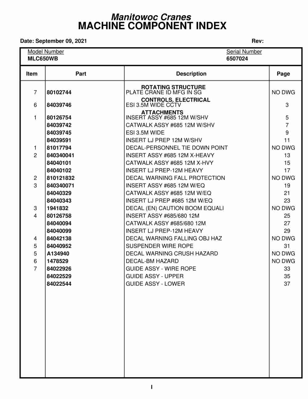 Manitowoc MLC650WB Crane Parts Manual 6507024 2021