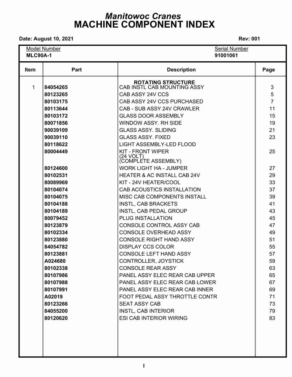 Manitowoc MLC90A-1 Crane Parts Manual 91001061 2021