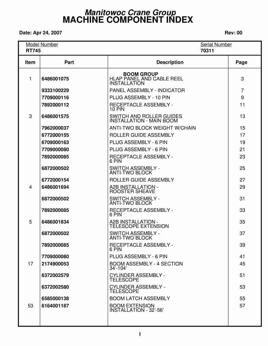 Grove RT745 Crane Parts Manual 70311 2007