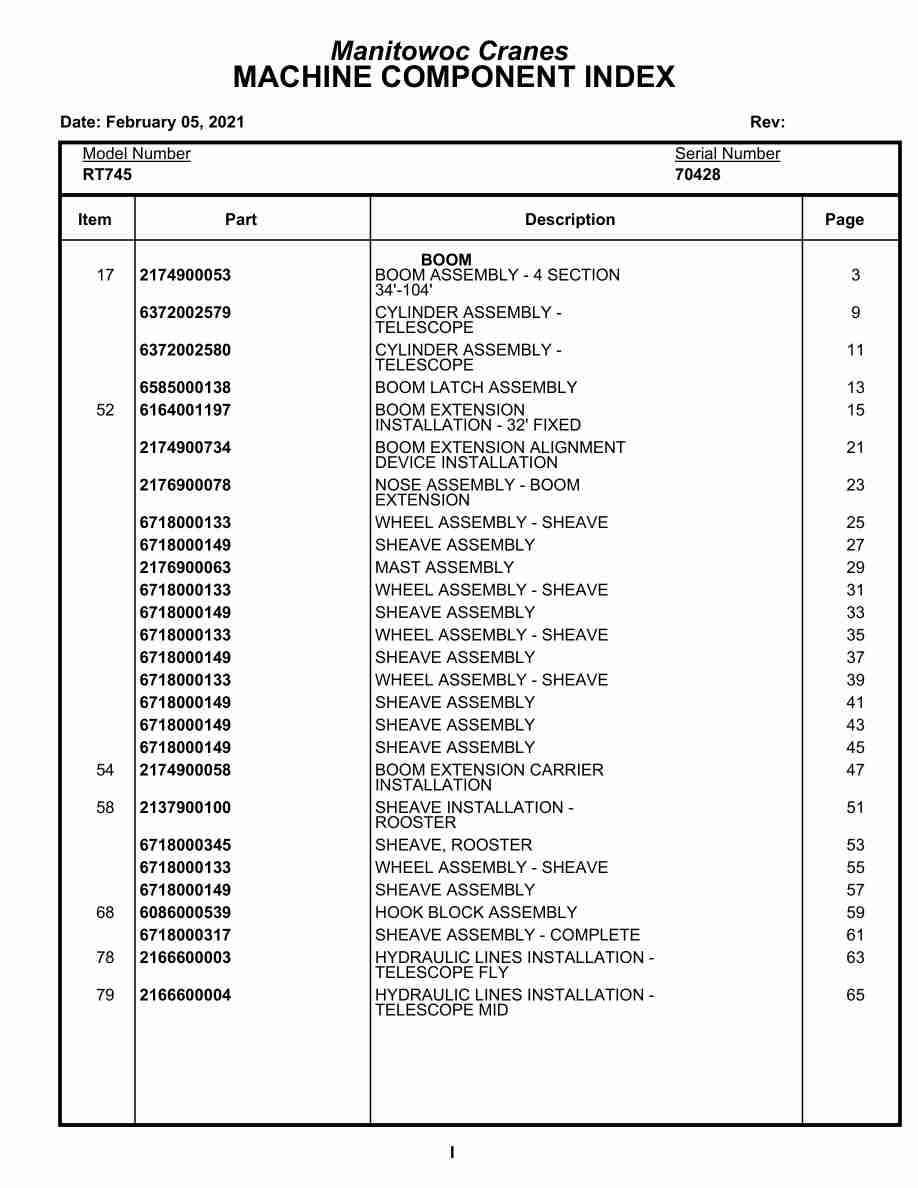 Grove RT745 Crane Parts Manual 70428 2021