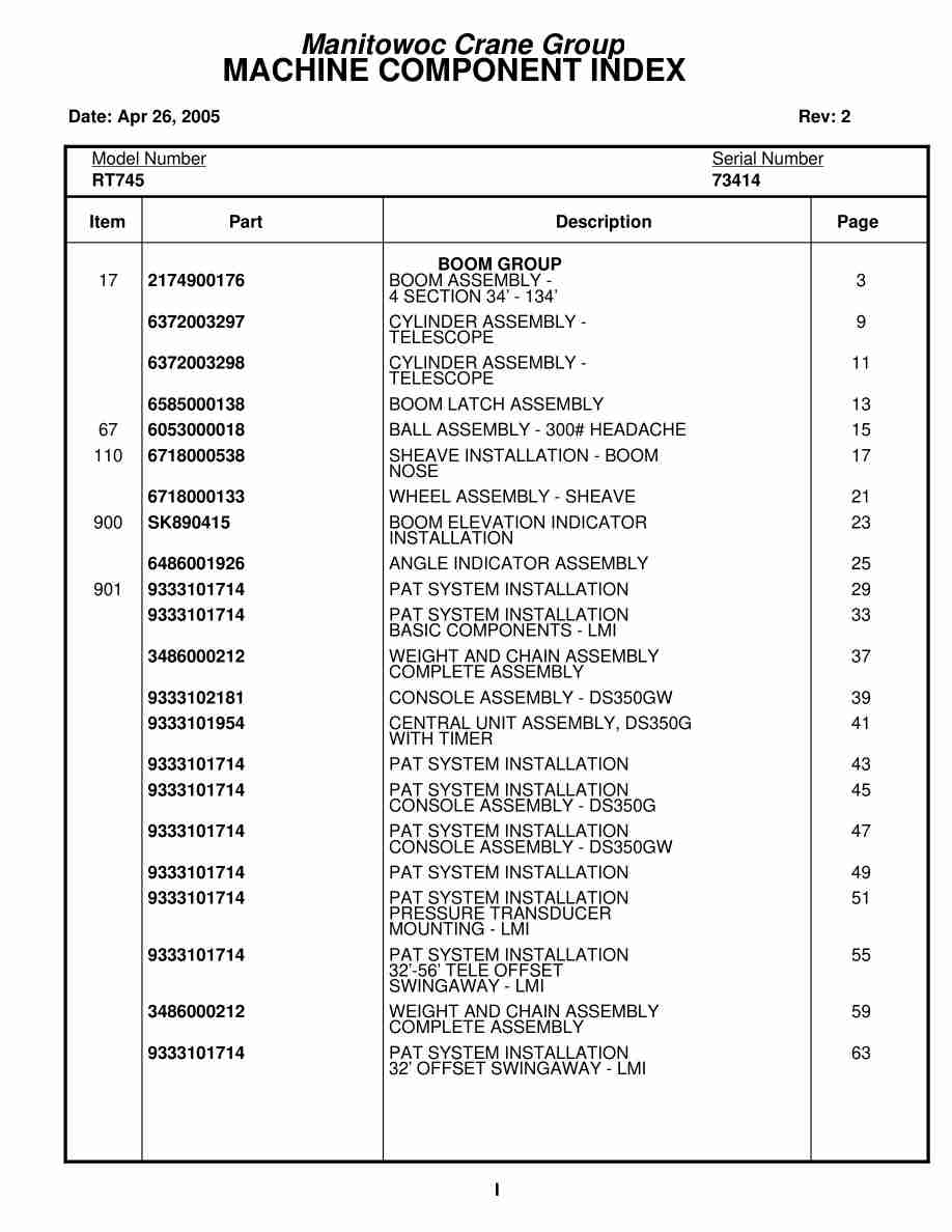 Grove RT745 Crane Parts Manual 73414 2005