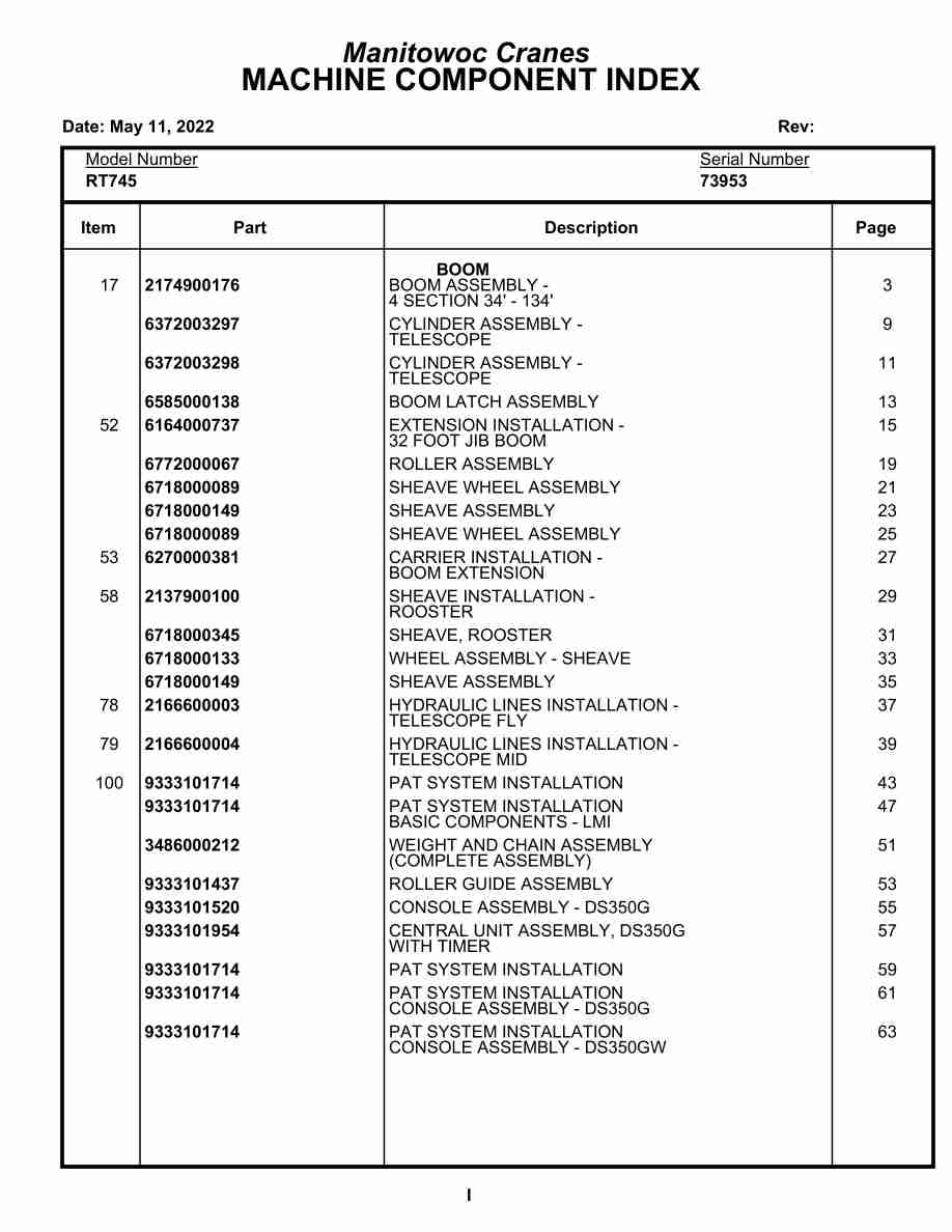 Grove RT745 Crane Parts Manual 73953 2022