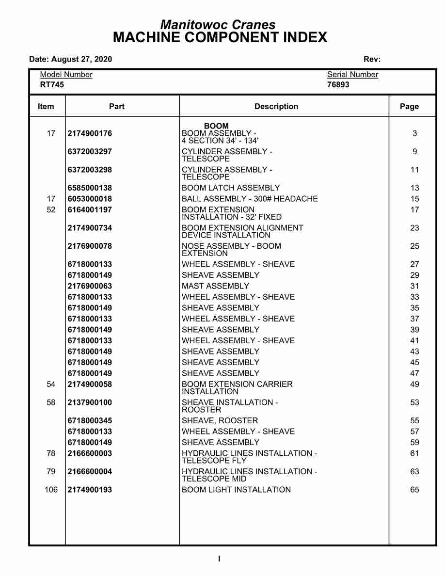 Grove RT745 Crane Parts Manual 76893 2020