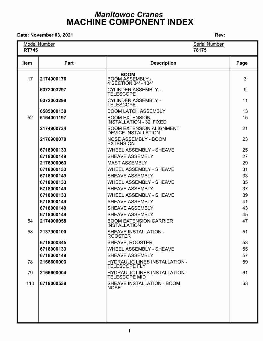 Grove RT745 Crane Parts Manual 78175 2021