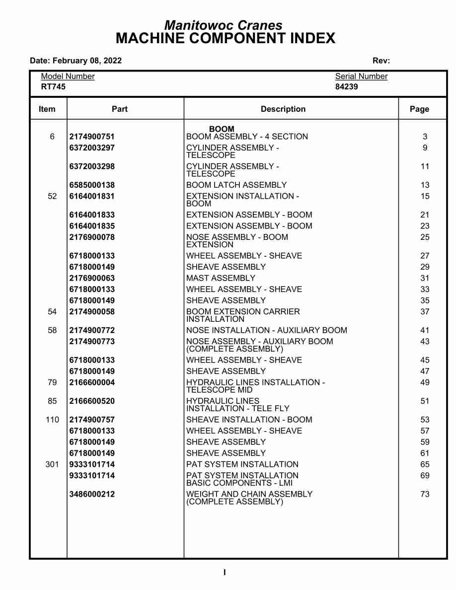Grove RT745 Crane Parts Manual 84239 2022