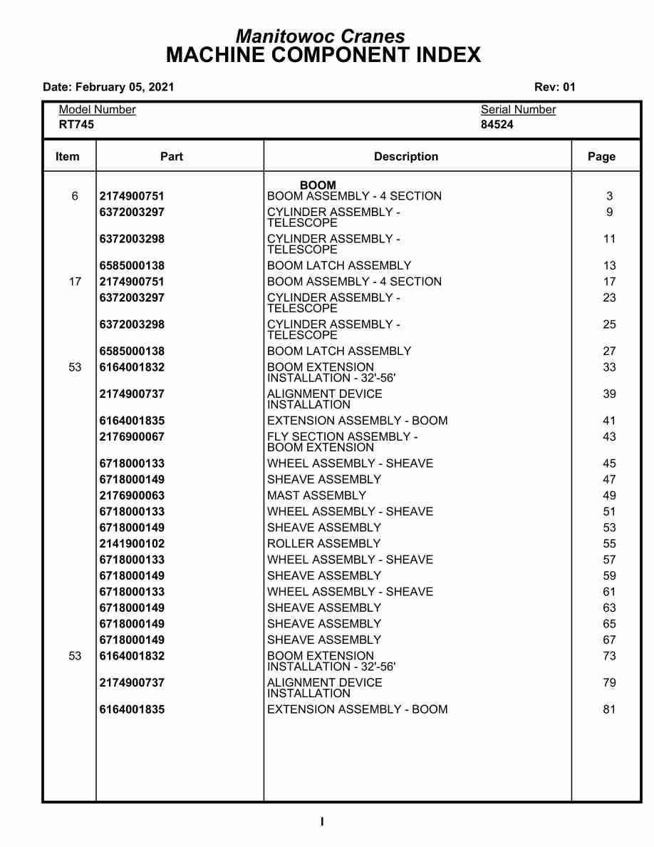 Grove RT745 Crane Parts Manual 84524 2021