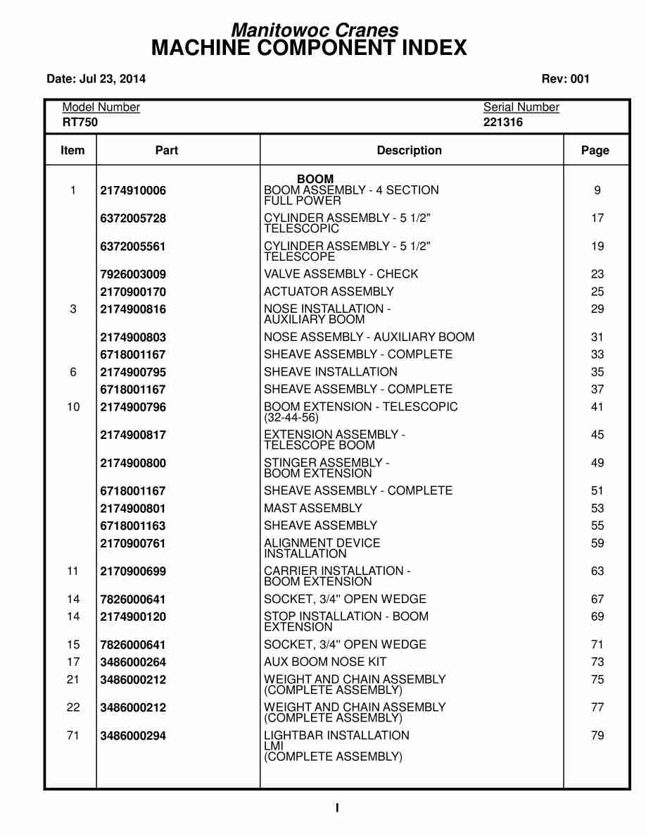 Grove RT750 Crane Parts Manual 221316 2014