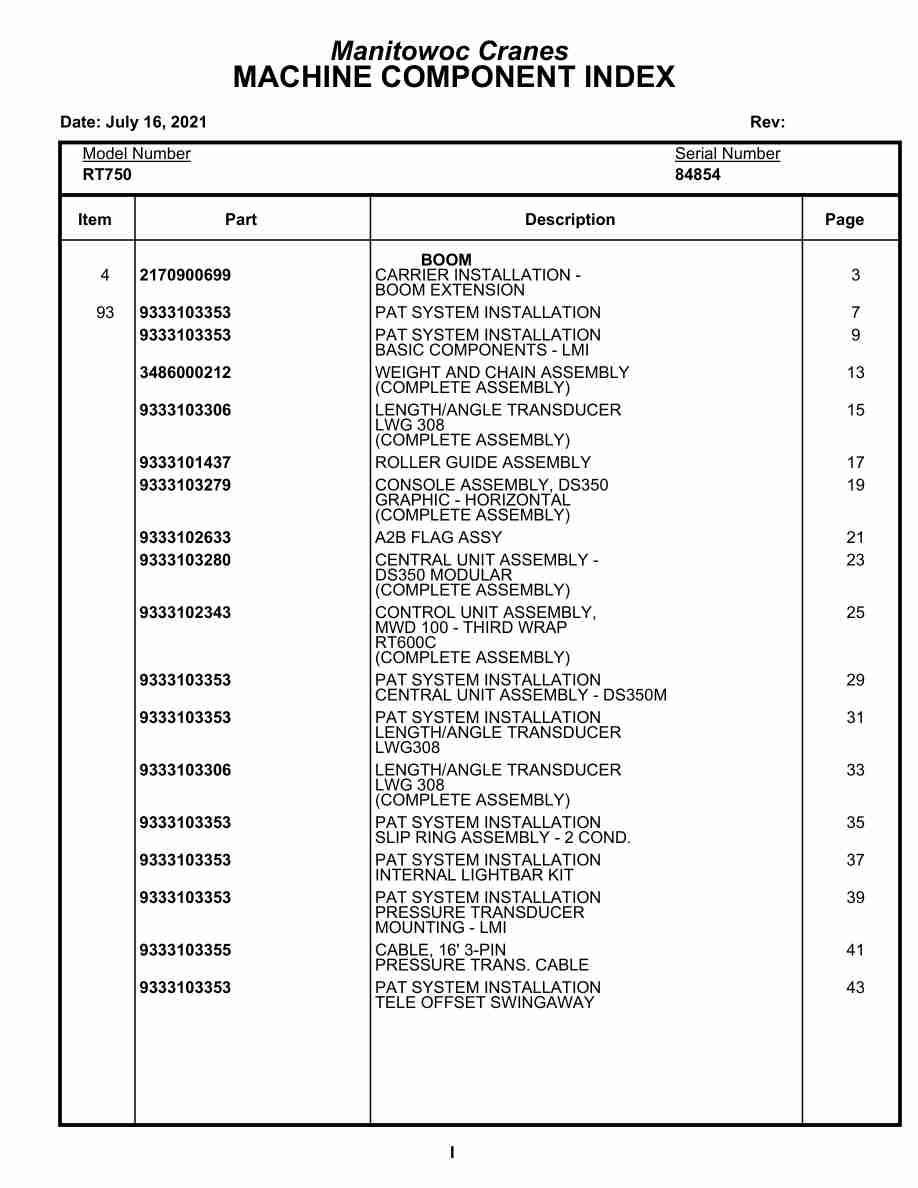 Grove RT750 Crane Parts Manual 84854 2021
