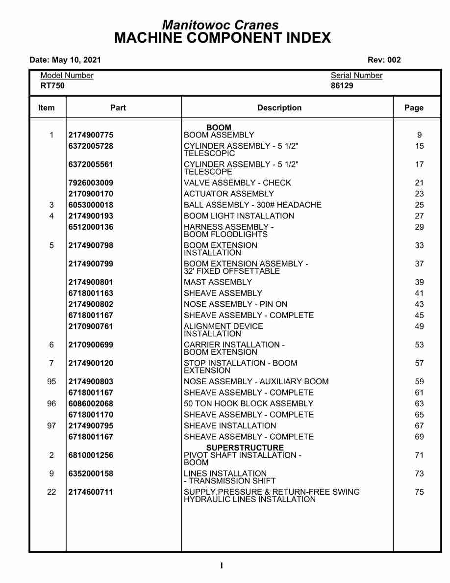 Grove RT750 Crane Parts Manual 86129 2021