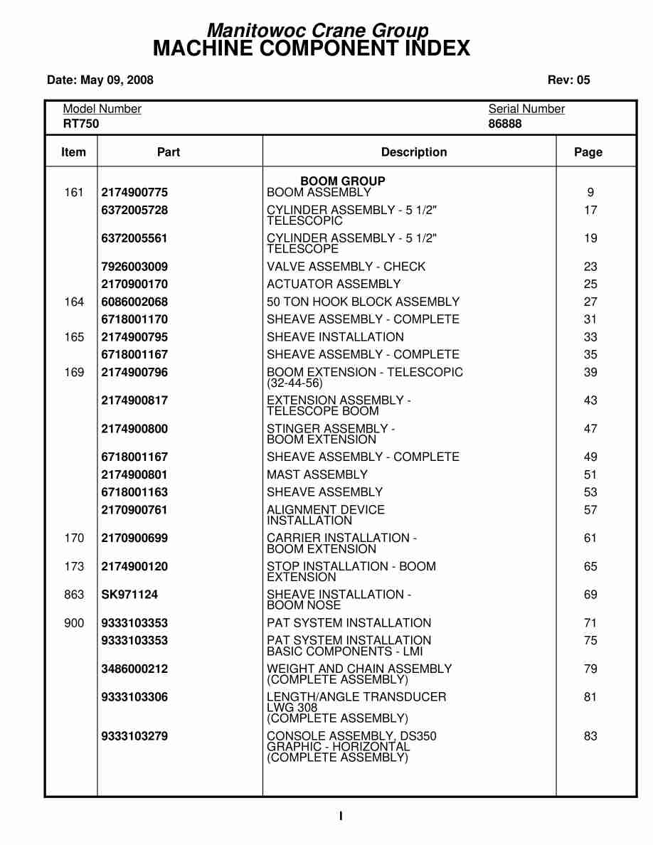 Grove RT750 Crane Parts Manual 86888 2008