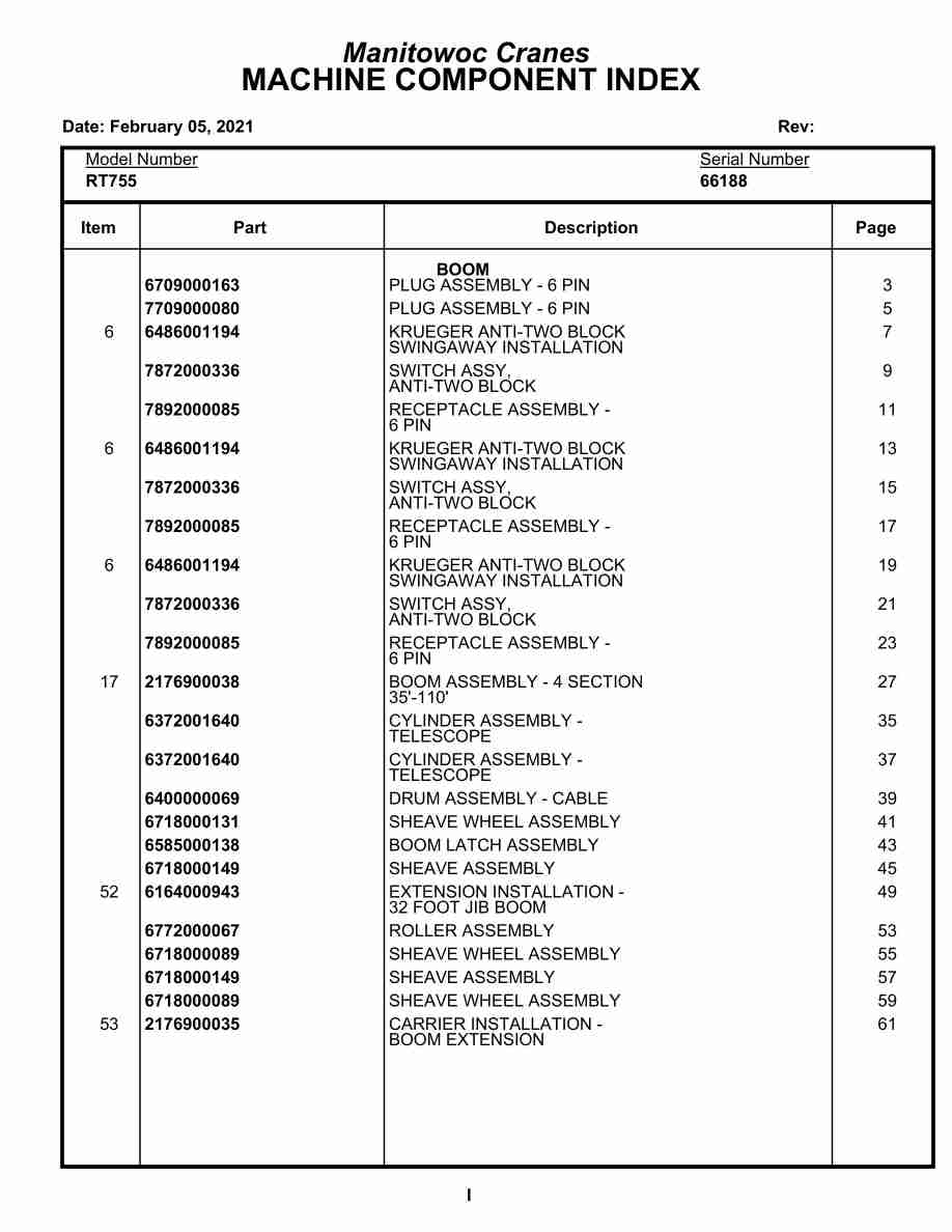 Grove RT755 Crane Parts Manual 66188 2021