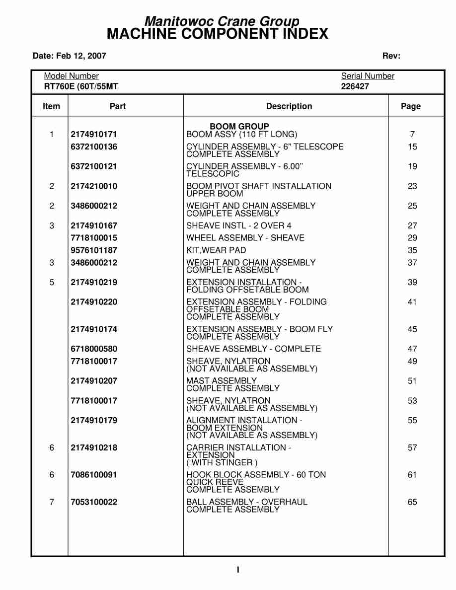 Grove RT760E Crane Parts Manual 226427 2007