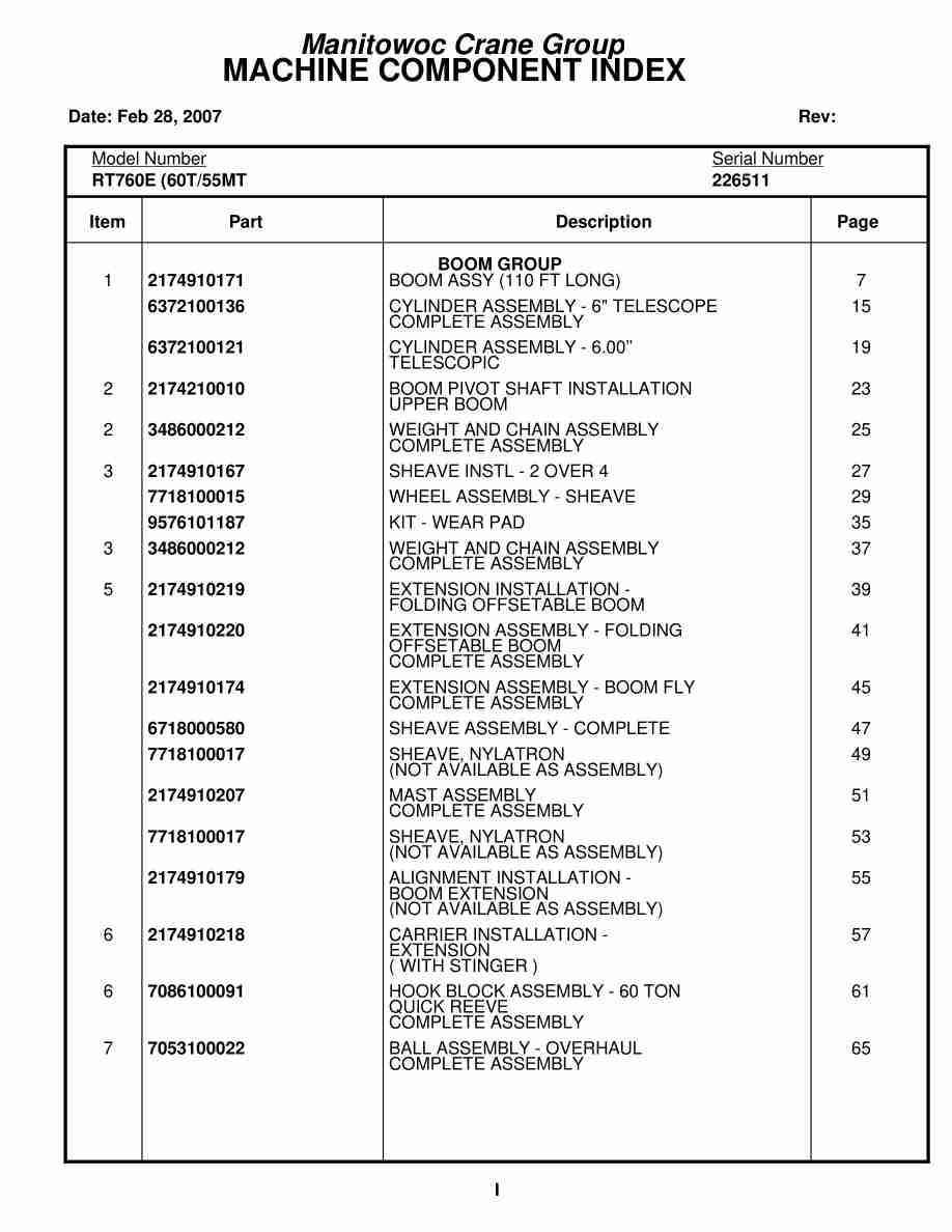 Grove RT760E Crane Parts Manual 226511 2007