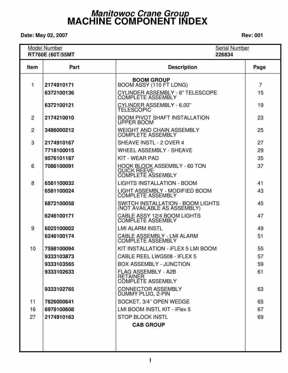 Grove RT760E Crane Parts Manual 226834 2007