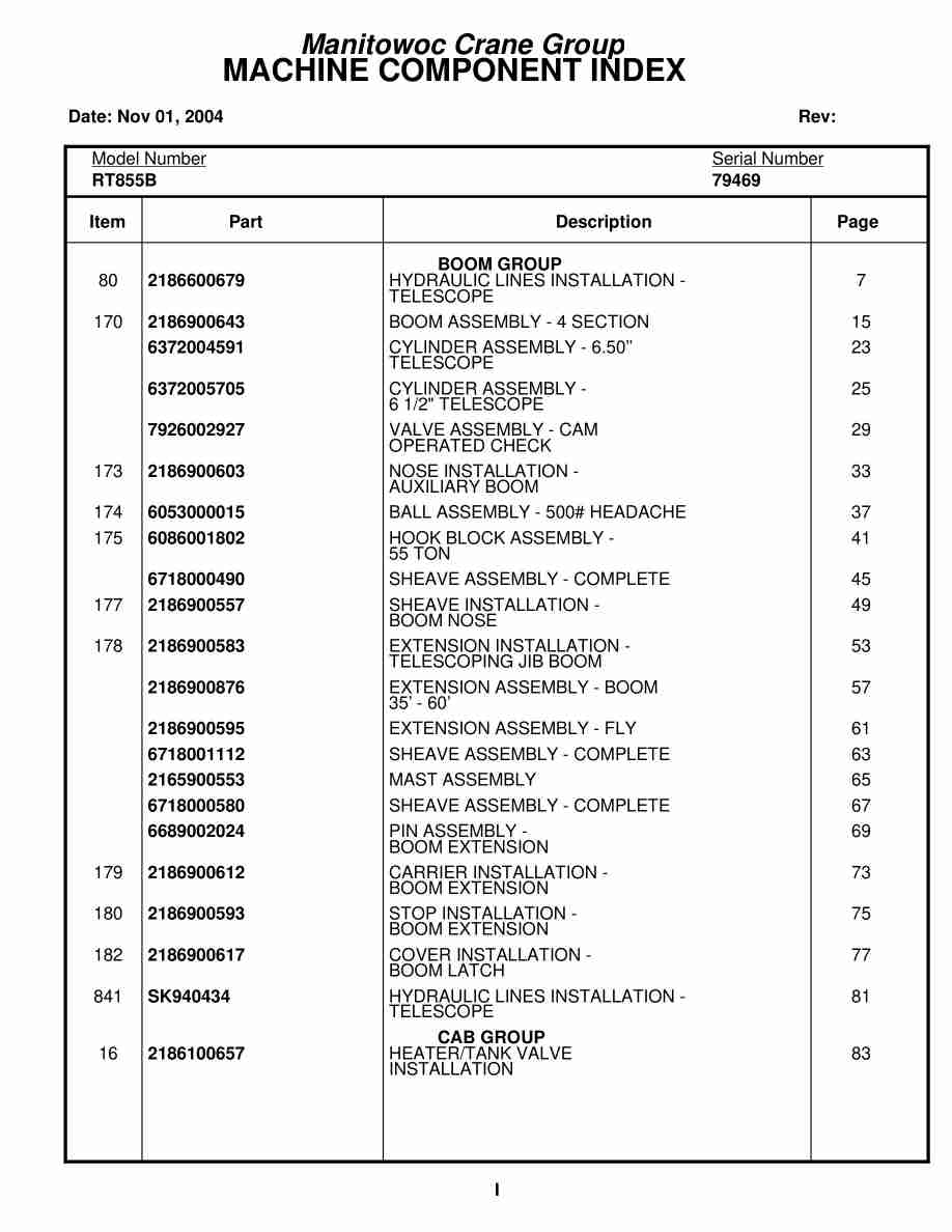Grove RT855B Crane Parts Manual 79469 2004