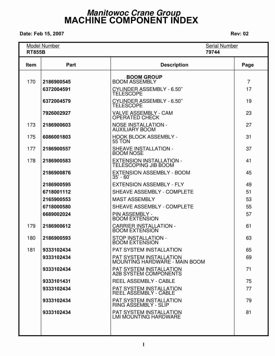 Grove RT855B Crane Parts Manual 79744 2007