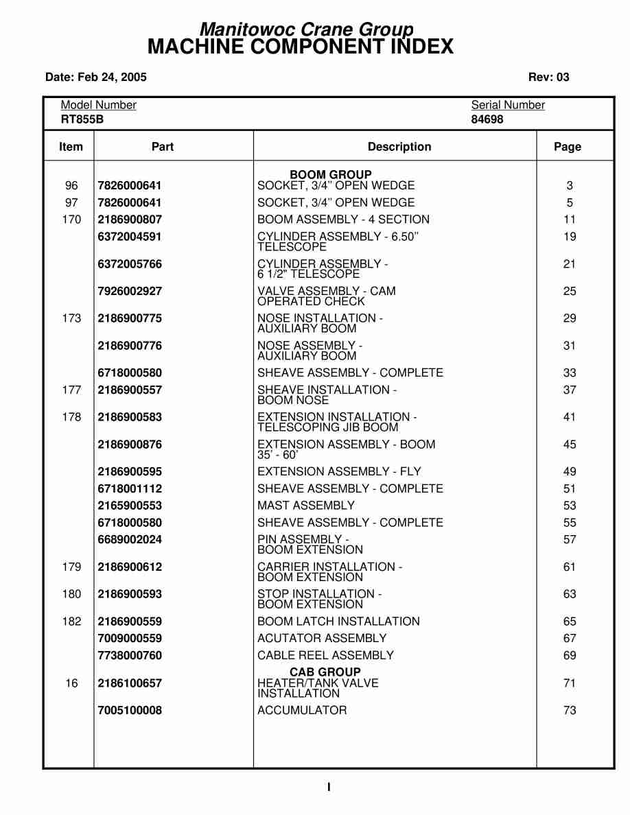 Grove RT855B Crane Parts Manual 84698 2005