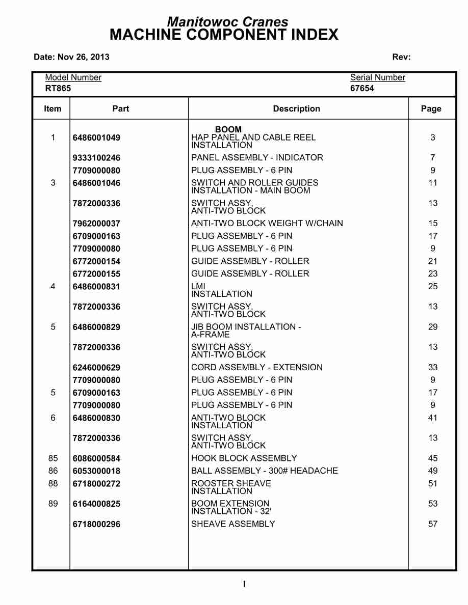 Grove RT865 Crane Parts Manual 67654 2013