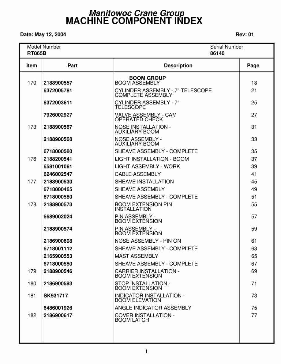 Grove RT865B Crane Parts Manual 86140 2004