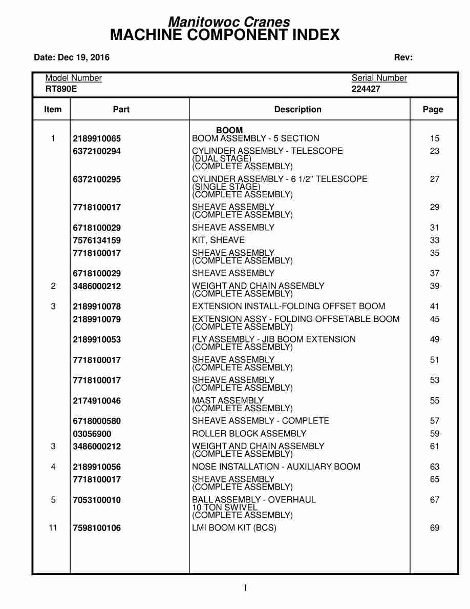 Grove RT890E Crane Parts Manual 224427 2016