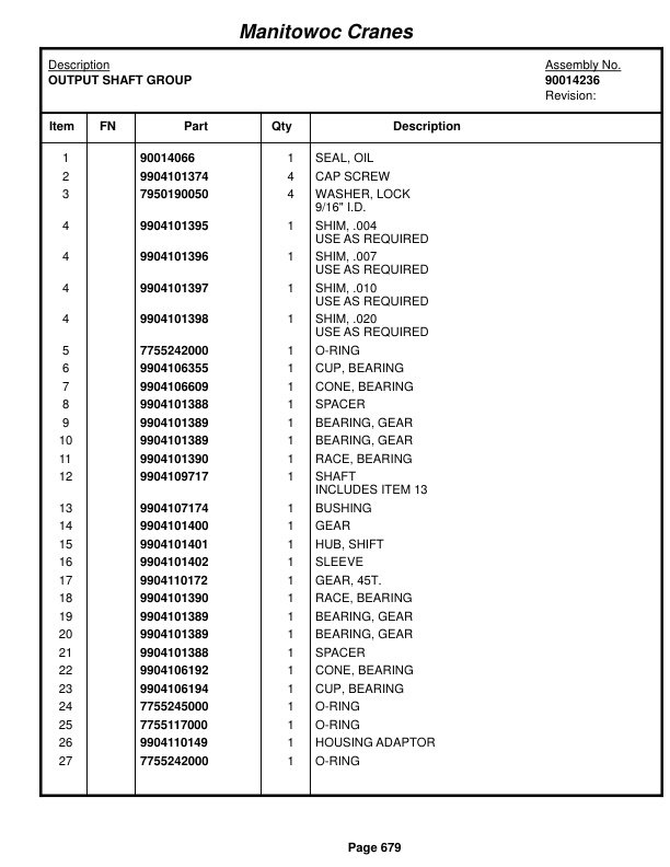 Grove RT890E Crane Parts Manual 280193 2014-3