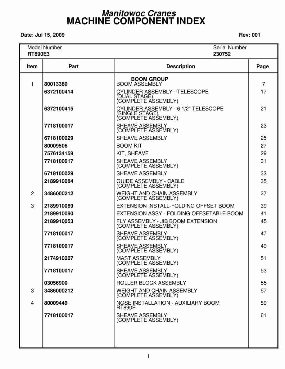 Grove RT890E3 Crane Parts Manual 230752 2009
