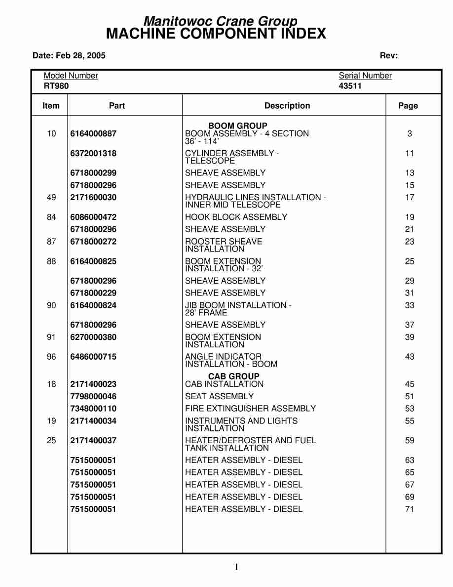 Grove RT980 Crane Parts Manual 43511 2005