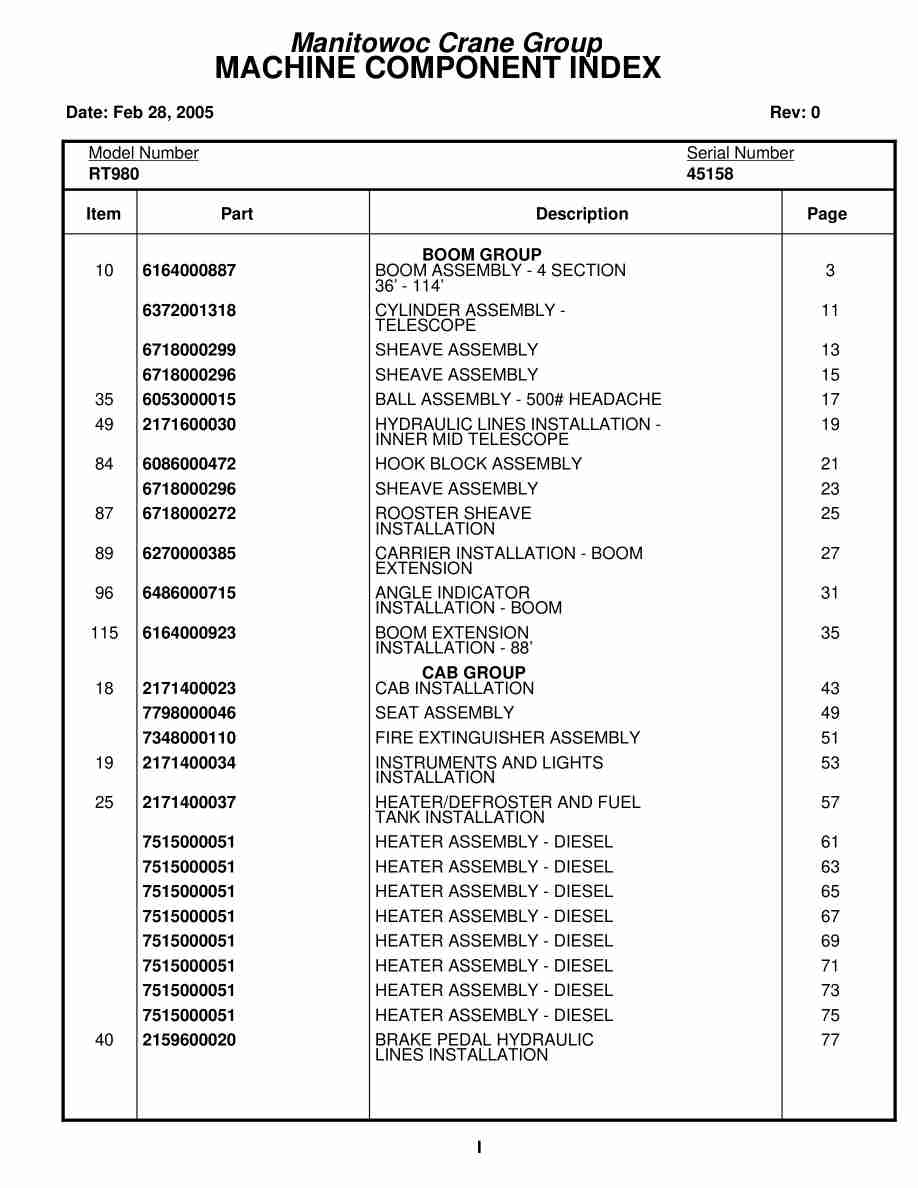Grove RT980 Crane Parts Manual 45158 2005