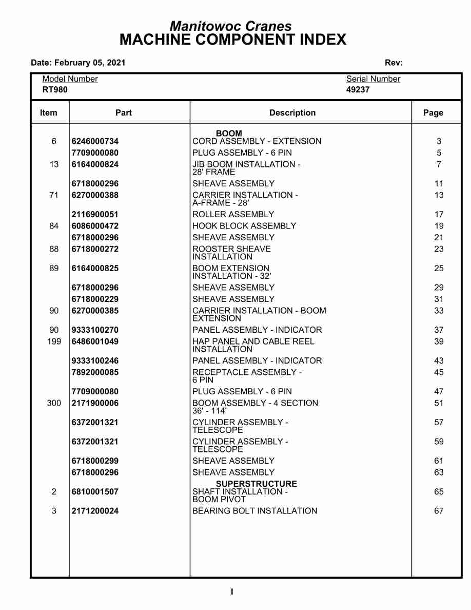 Grove RT980 Crane Parts Manual 49237 2021