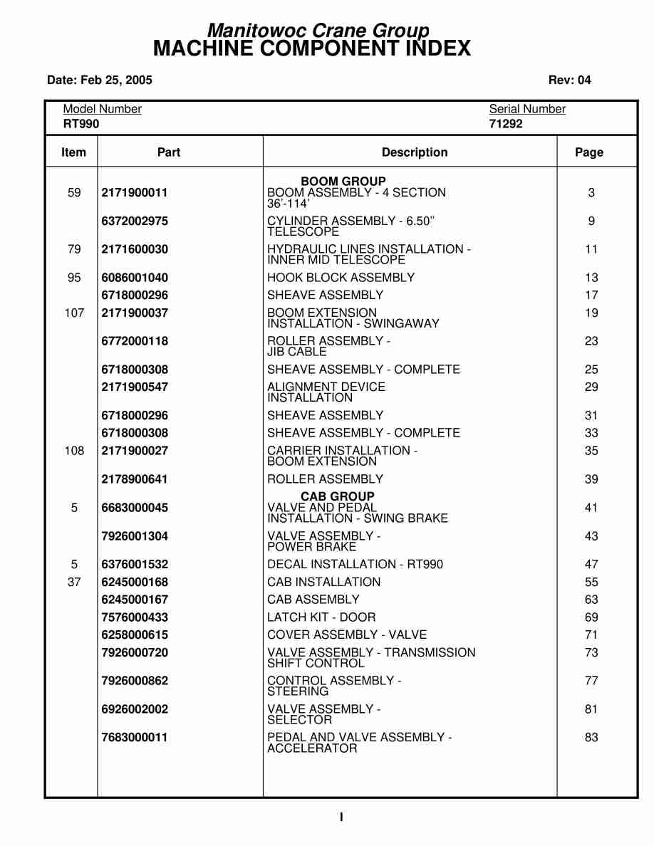 Grove RT990 Crane Parts Manual 71292 2005