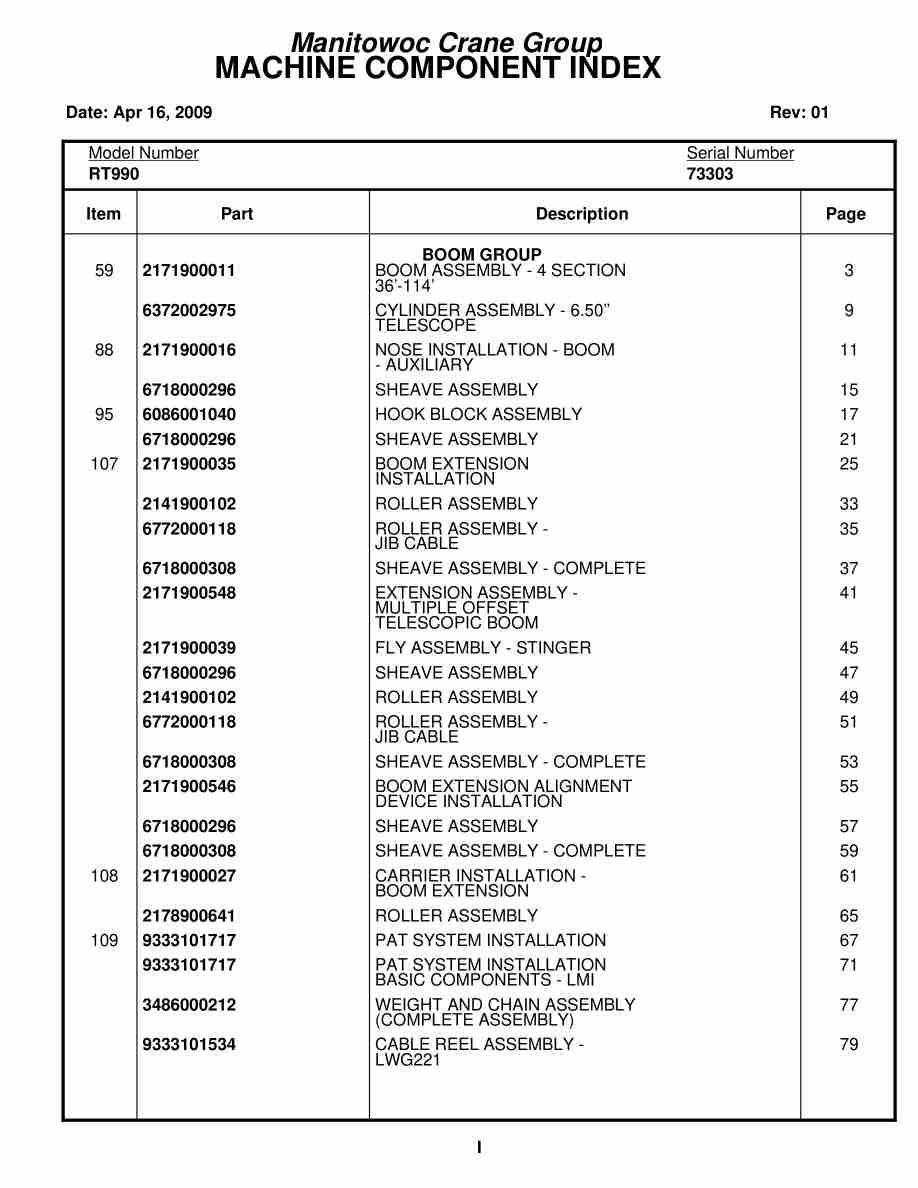 Grove RT990 Crane Parts Manual 73303 2009