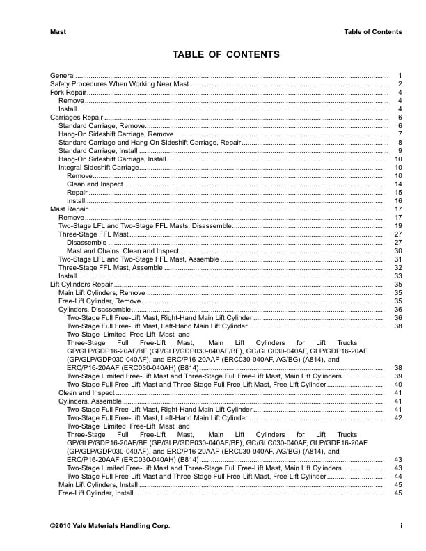 Alternative view of Yale A875 (GPGLP040-050RG) Forklift Service Manual