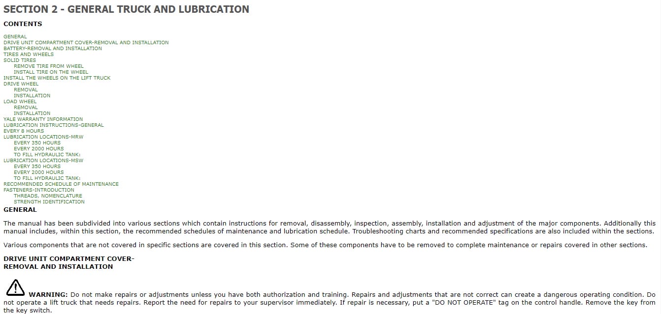Alternative view of Yale B820 (MSW020-040) Forklift Service Manual
