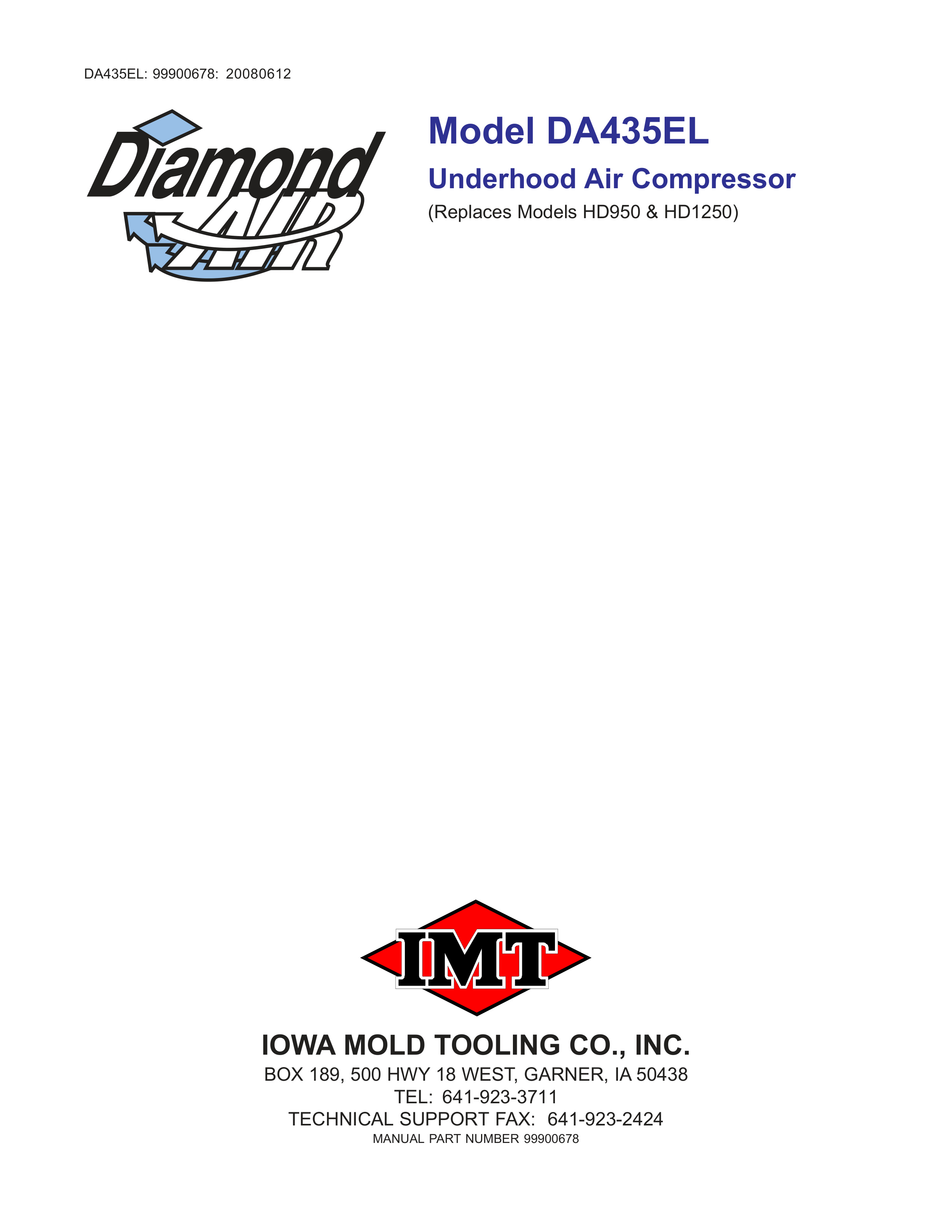 IMT Model DA435EL Underhood Air Compressor Manual 99900678 20080612