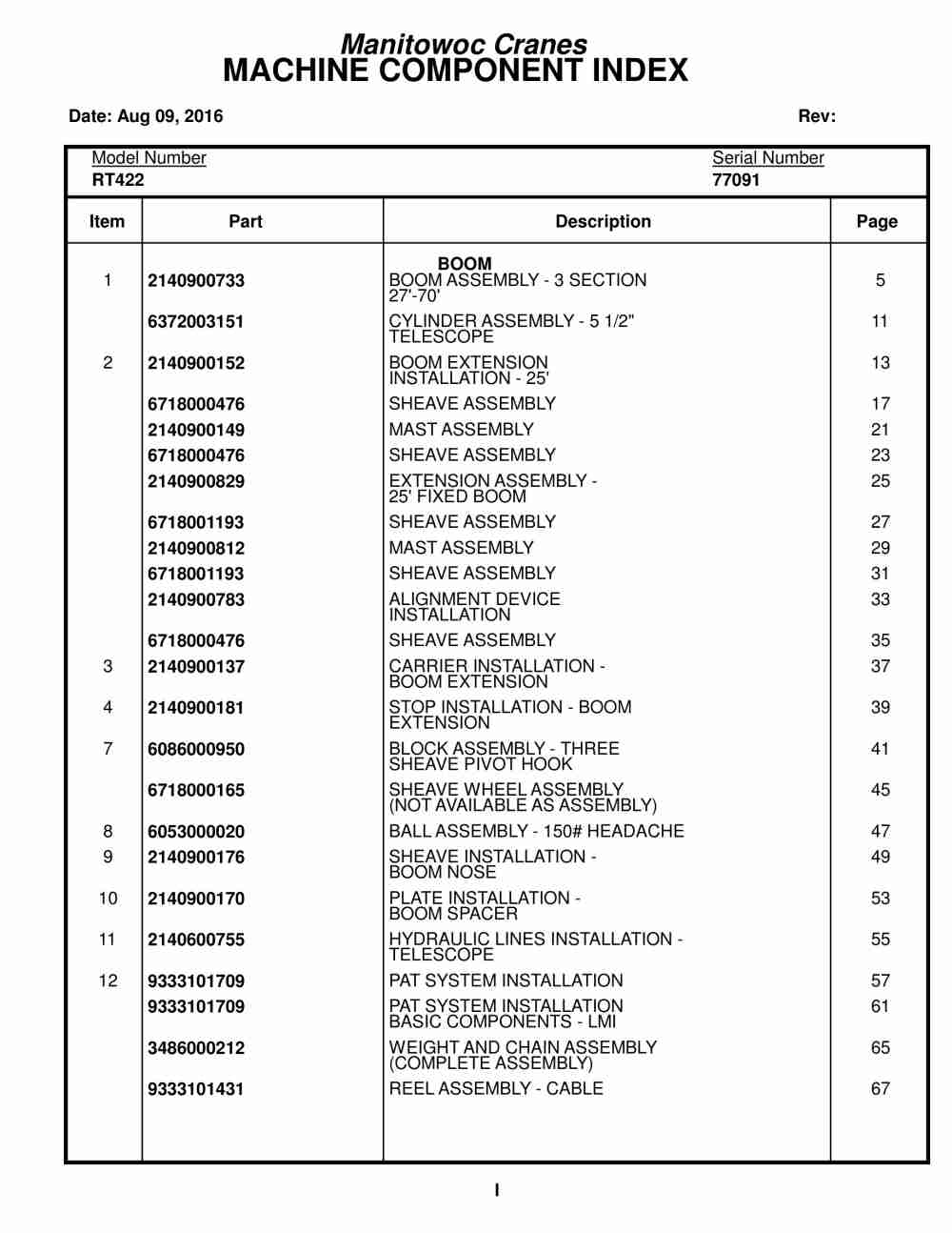 Grove RT422 Crane Parts Manual 77091- 2016
