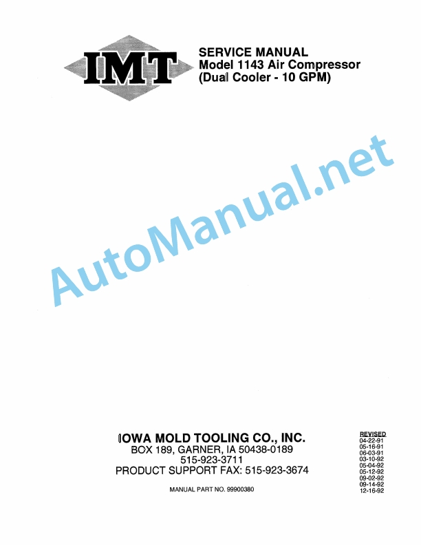 IMT Model 1143 Air Compressor (Dual Cooler - 10 GPM) SERVICE Manual 99900380 12-16-92