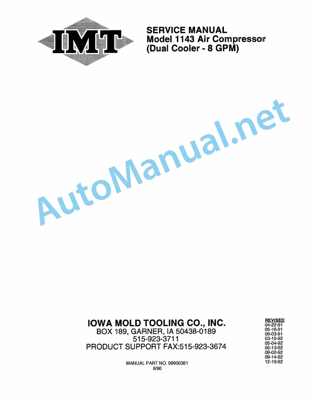 IMT Model 1143 Air Compressor (Dual Cooler - 8 GPM) Service Manual 99900381 690