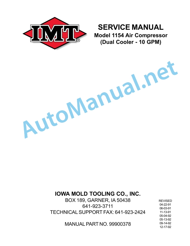 IMT Model 1154 Air Compressor (Dual Cooler - 10 GPM) Service Manual 99900378 12-17-92